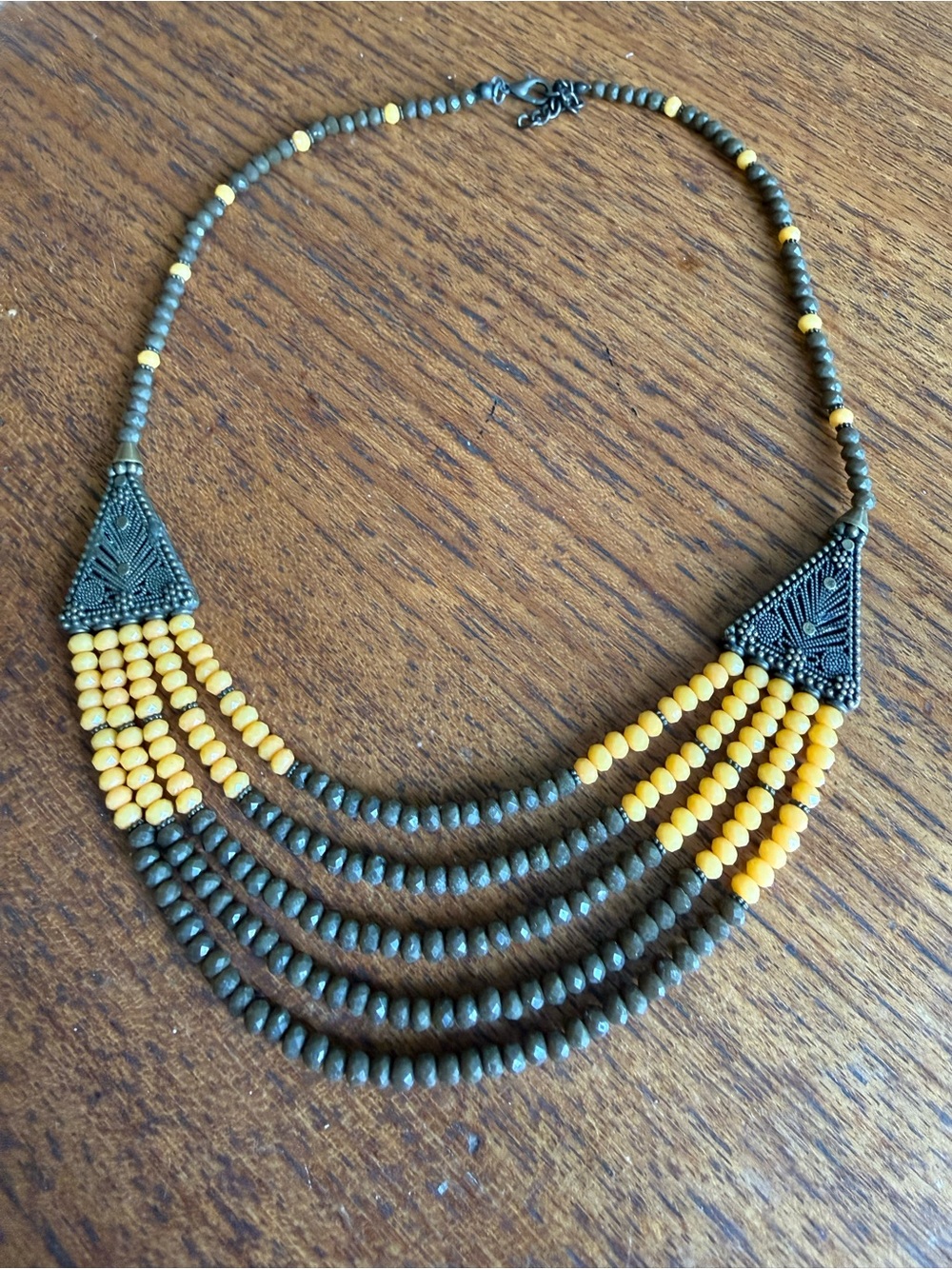 Hand Crafted Yellow and Olive Layered Beaded Necklace